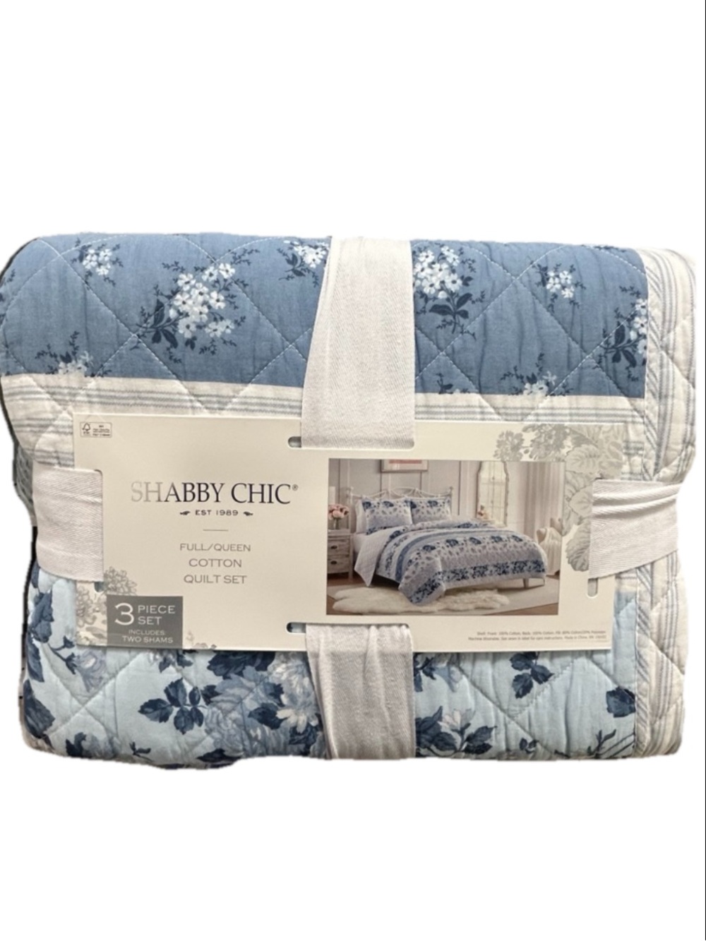 Shabby Chic Blue and White Cotton Queen  Floral Quilt Set 88”x92”
